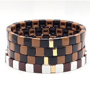 Set of 3 Black White Brown Gold Tone Ceramic Tile Bracelets Stretch Stackable